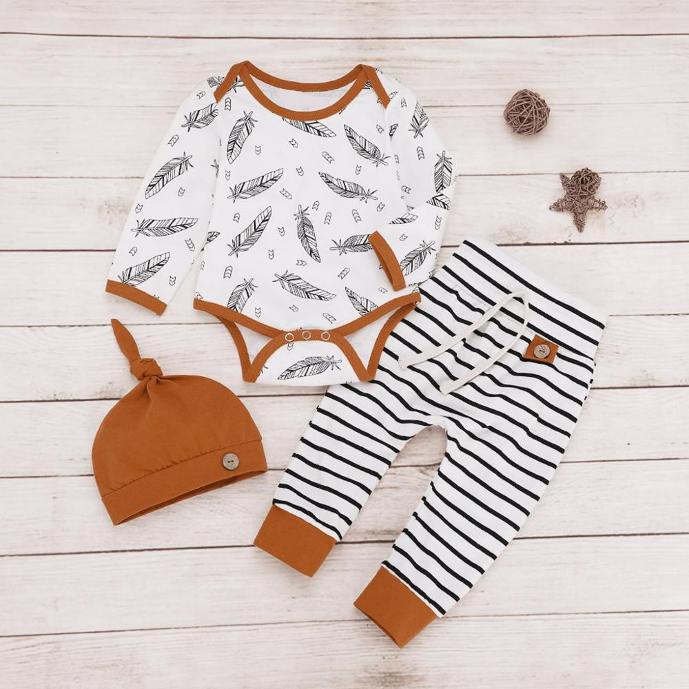 Stevvex newborn boys 3-piece set: white feather tee with rust trim, striped pants, rust beanie on Tampa Home & Garden Store