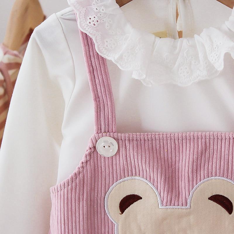 Modern Designer pink corduroy girls dress set with bear-pocket overalls and white lace blouse on Tampa Home & Garden Store