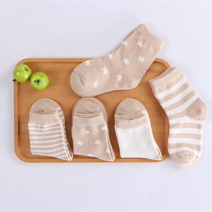 Stevvex 5-pair baby socks set in soft cotton beige with stripes, stars, and polka dots on Tampa Home & Garden Store