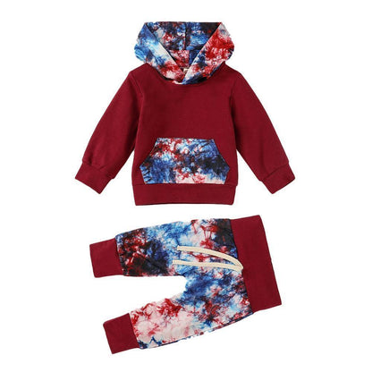 Stevvex newborn hoodie and pants 2pc outfit set in maroon with blue-red tie-dye accents on Tampa Home & Garden Store