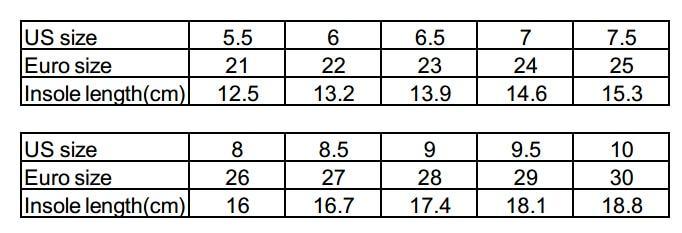 Stevvex baby girl canvas sneakers size chart: US 5.5–10, Euro 21–30, insole 12.5–18.8 cm on Tampa Home & Garden Store