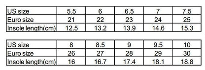 Stevvex baby girl canvas sneakers size chart: US 5.5–10, Euro 21–30, insole 12.5–18.8 cm on Tampa Home & Garden Store