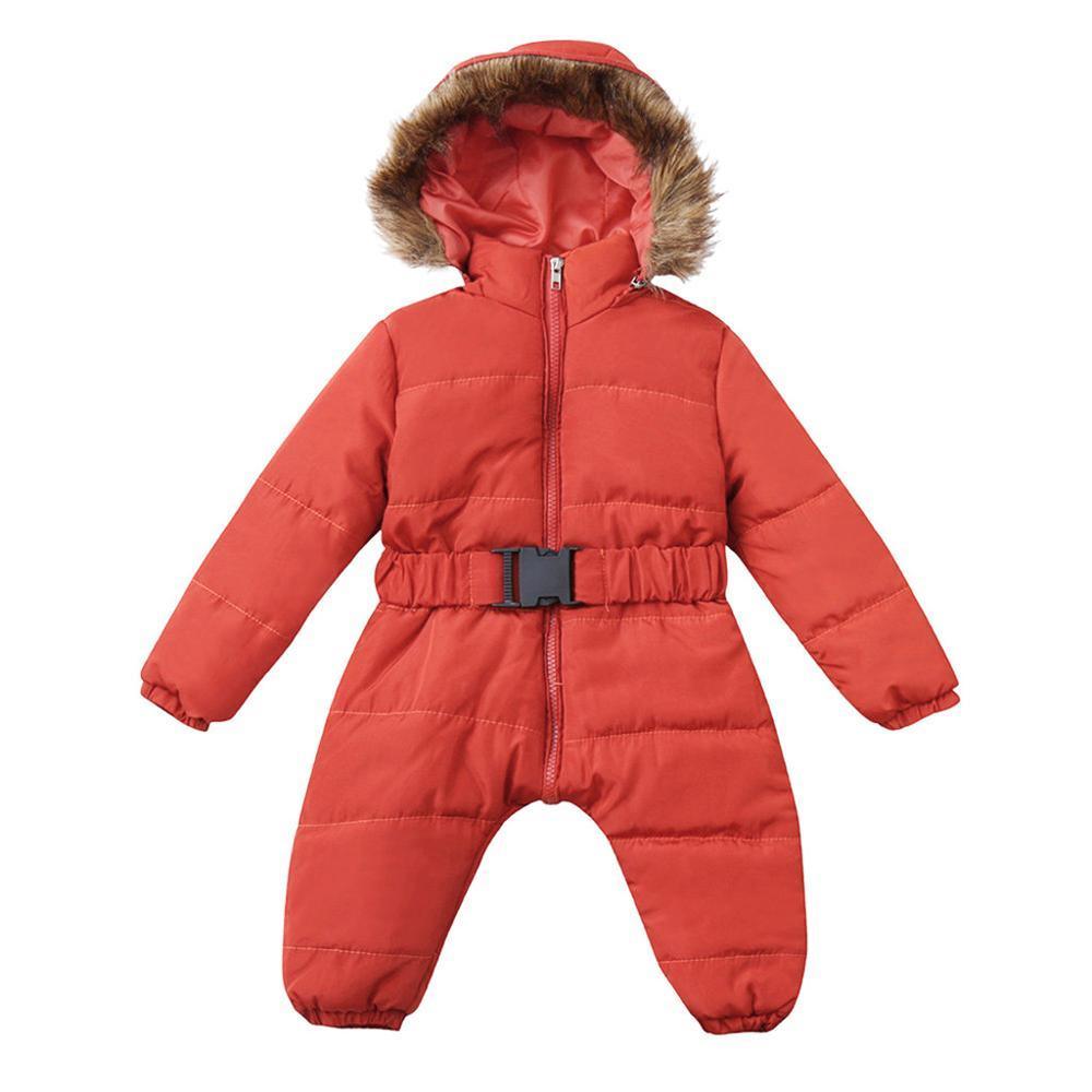 Stevvex infant hooded snowsuit jumpsuit in red with faux fur trim hood and belt on Tampa Home & Garden Store