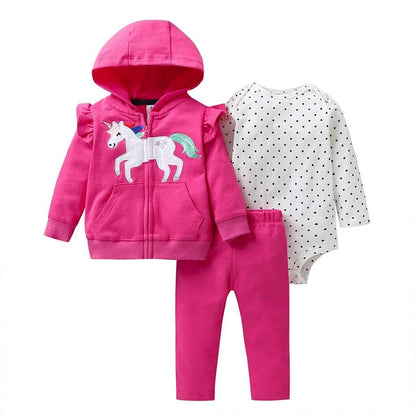 Stevvex baby cotton three-piece set: pink hooded jacket with unicorn, pink pants, white romper on Tampa Home & Garden Store