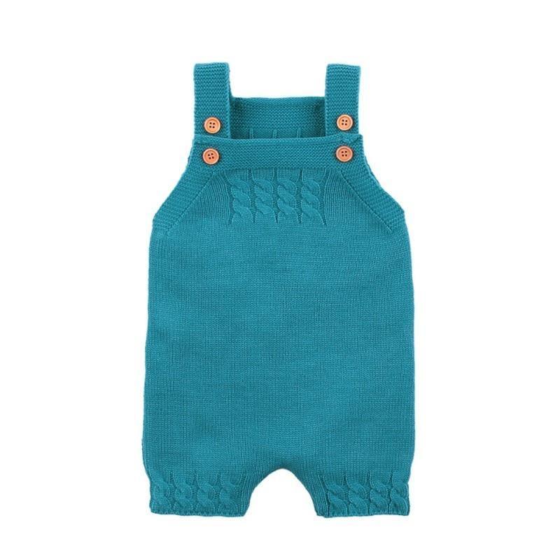 Teal knit baby romper with buttoned shoulder straps and textured chest panel on Tampa Home & Garden Store