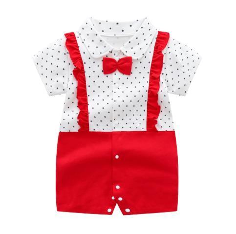 Stevvex baby romper cotton jumpsuit white polka-dot top with red bow and suspenders, size 0-12M on Tampa Home & Garden Store