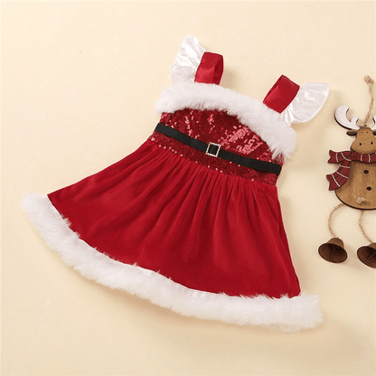 Baby Girls Christmas Romper Dress by Stevvex with red sequined bodice white faux fur trim on Tampa Home & Garden Store