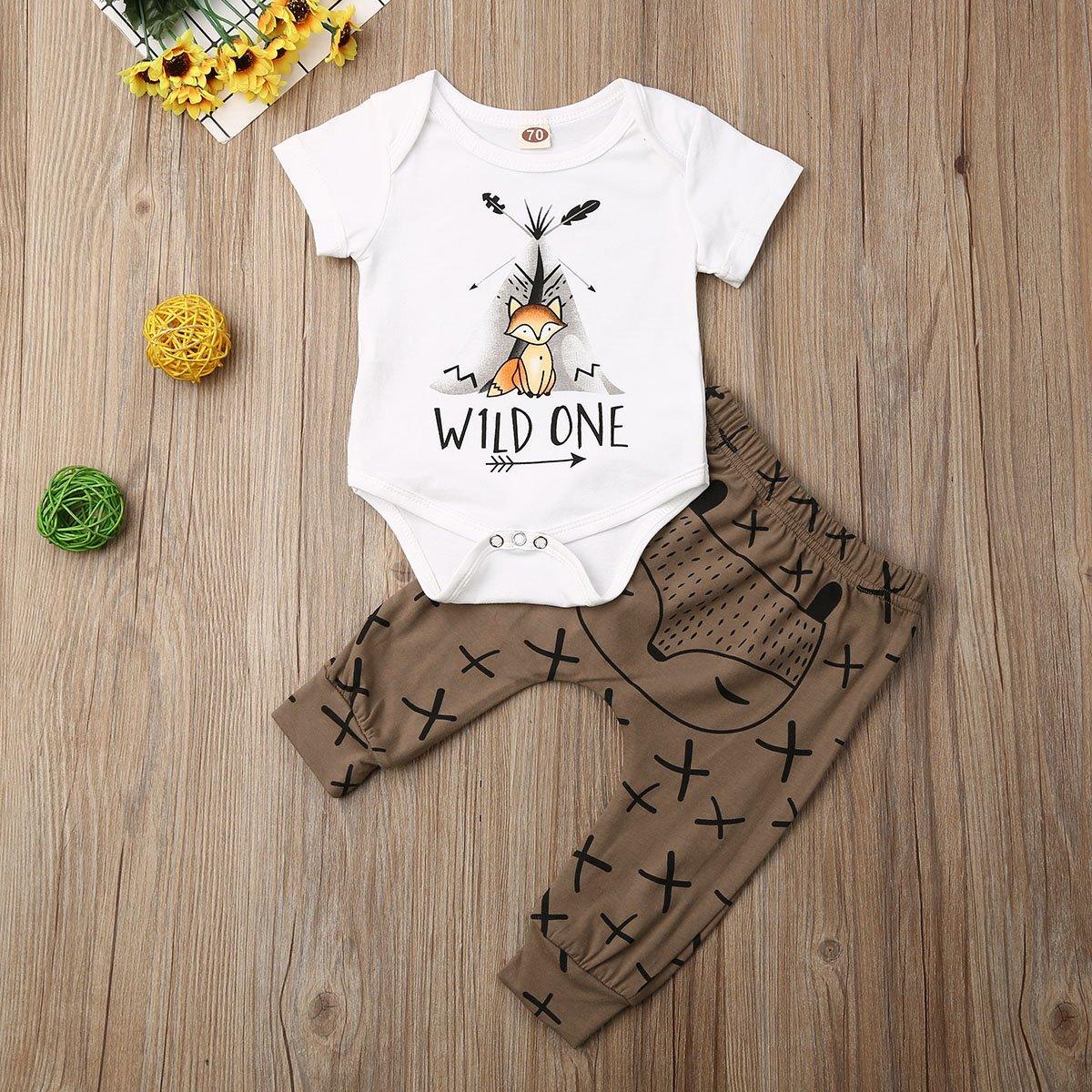 Stevvex newborn romper: white onesie with fox and WILD ONE, brown pants with cross pattern on Tampa Home & Garden Store