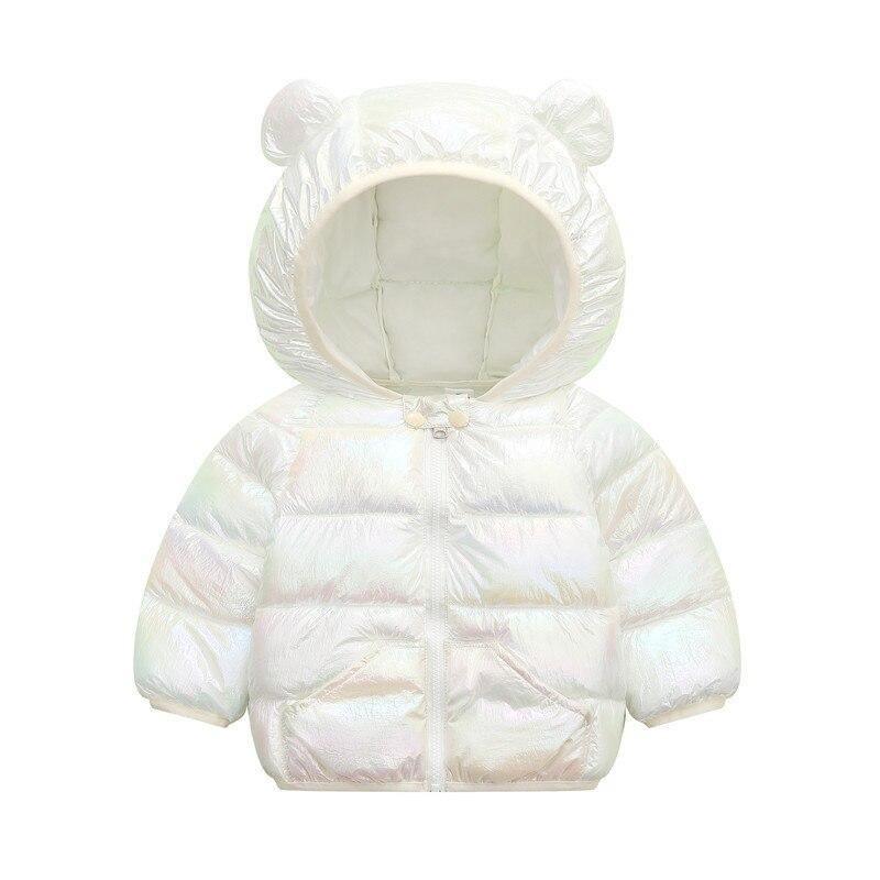 Shiny toddler hooded puffer coat by Stevvex with bear-ear hood for girls on Tampa Home & Garden Store