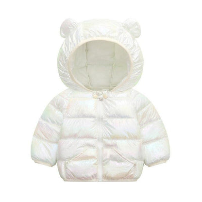 Shiny toddler hooded puffer coat by Stevvex with bear-ear hood for girls on Tampa Home & Garden Store