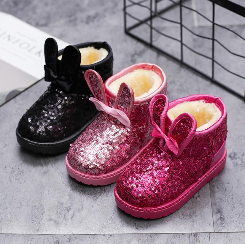 Stevvex kids snow boots three black pink magenta sequins with fluffy lining and bow accents on Tampa Home & Garden Store