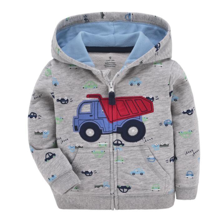 Stevvex newborn baby hoodie grey cotton with blue hood lining and red-blue dump truck print front zip on Tampa Home & Garden Store