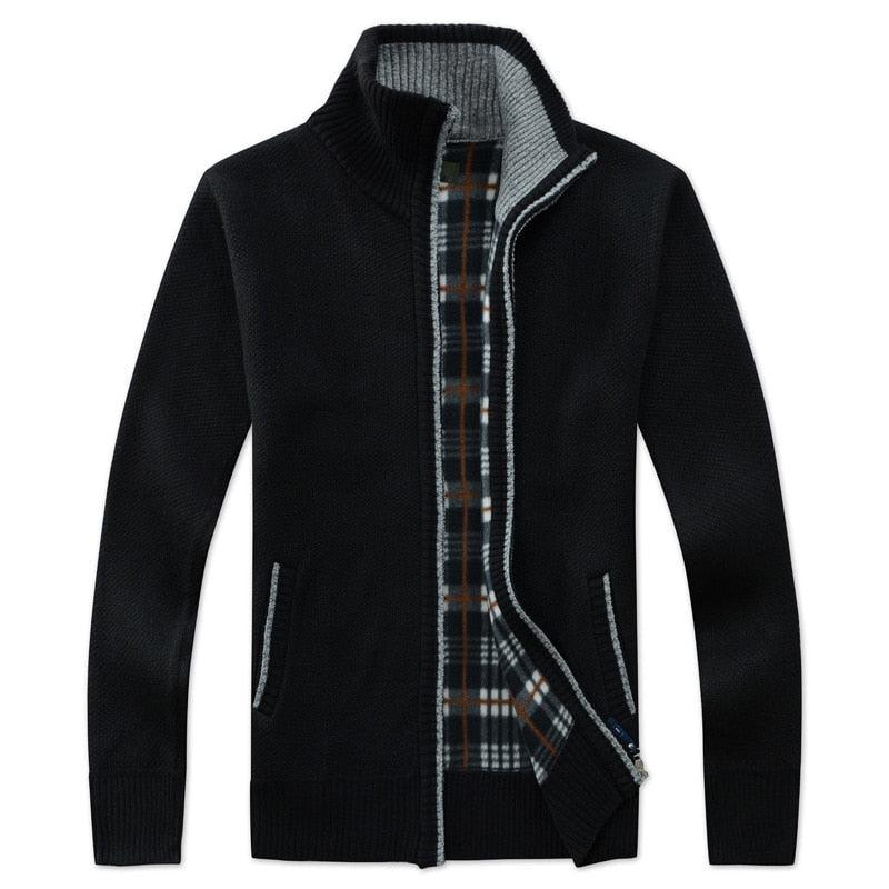 Stevvex black cardigan jacket with plaid lining and zip front, men's knit on Tampa Home & Garden Store