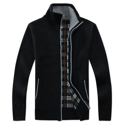Stevvex black cardigan jacket with plaid lining and zip front, men's knit on Tampa Home & Garden Store