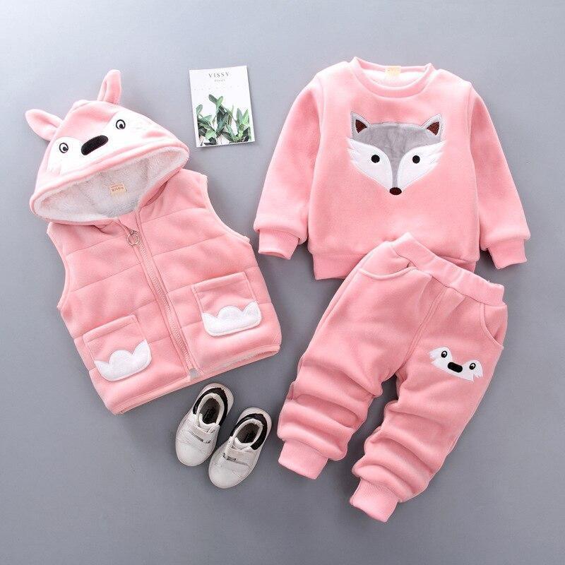 Stevvex pink baby 3pc winter set: hooded vest, fox-faced sweater, cartoon-face pants on Tampa Home & Garden Store