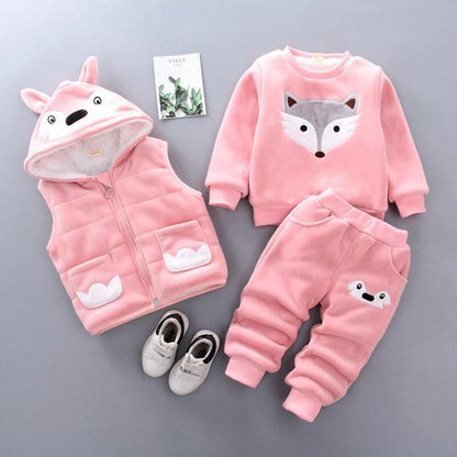 Stevvex pink baby 3pc winter set: hooded vest, fox-faced sweater, cartoon-face pants on Tampa Home & Garden Store
