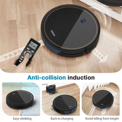 ONSON J10C robot vacuum cleaner, black circular unit with copper trim and remote on Tampa Home & Garden Store