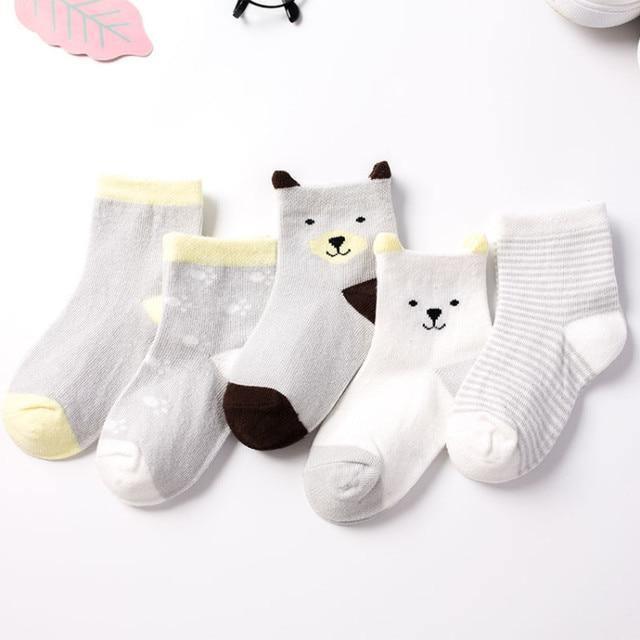 Stevvex baby cotton five-pack socks with cute animal faces in gray and white featuring polka dots and stripes on Tampa Home & Garden Store