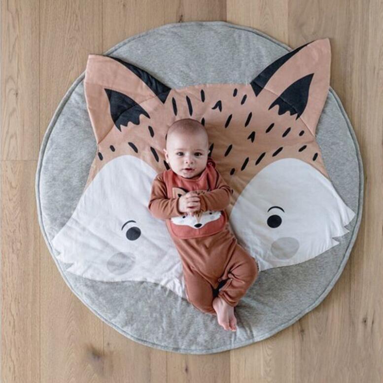 Round cotton baby play mat with fox face design, gray edge, Stevvex ST15BY58960WASDI on Tampa Home & Garden Store