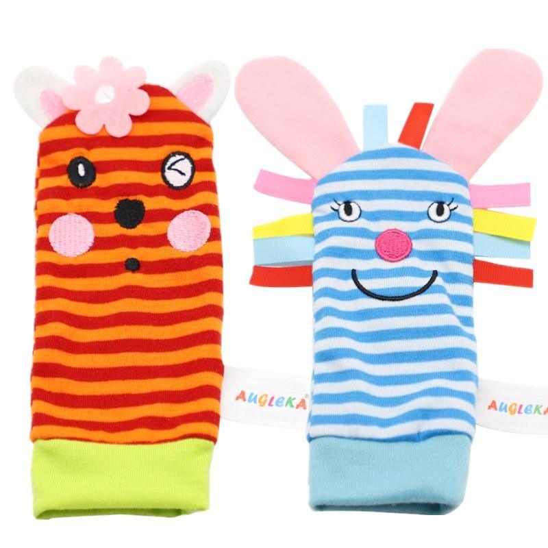 Colorful wrist rattles 2-pack by Stevvex in orange tiger and blue bunny stripes on Tampa Home & Garden Store