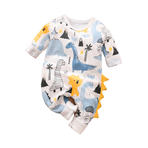 Stevvex baby romper with dinosaur print on white background, blue and yellow dinos on Tampa Home & Garden Store