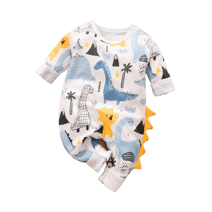 Stevvex baby romper with dinosaur print on white background, blue and yellow dinos on Tampa Home & Garden Store