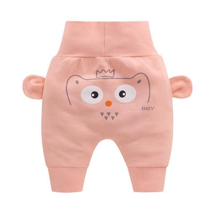 Stevvex baby pink pants with cartoon owl print and crown, ear side accents, cuffed ankles on Tampa Home & Garden Store