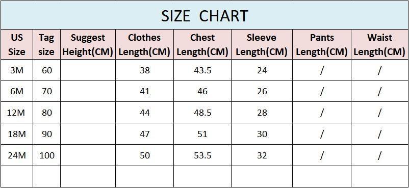 Stevvex baby romper size chart with US sizes 3M–24M and height plus garment length measurements on Tampa Home & Garden Store