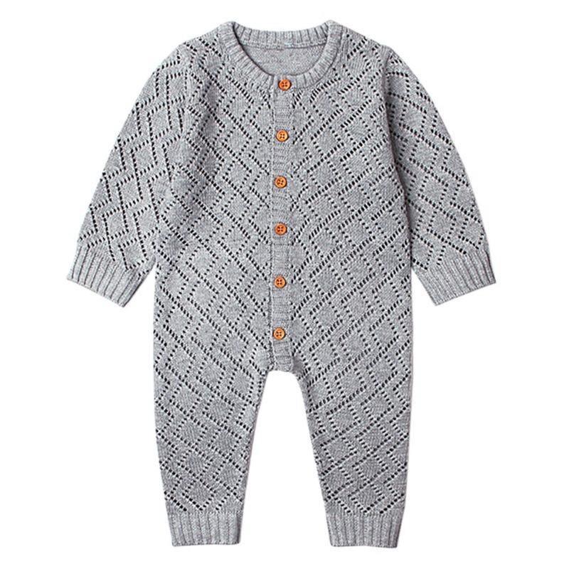 Stevvex baby romper gray knit long-sleeve one-piece with wooden buttons for newborns on Tampa Home & Garden Store
