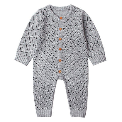 Stevvex baby romper gray knit long-sleeve one-piece with wooden buttons for newborns on Tampa Home & Garden Store