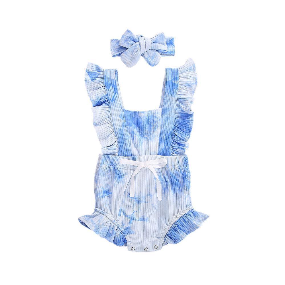 Stevvex toddler romper with headband in blue tie-dye print, ruffled straps and white belt on Tampa Home & Garden Store
