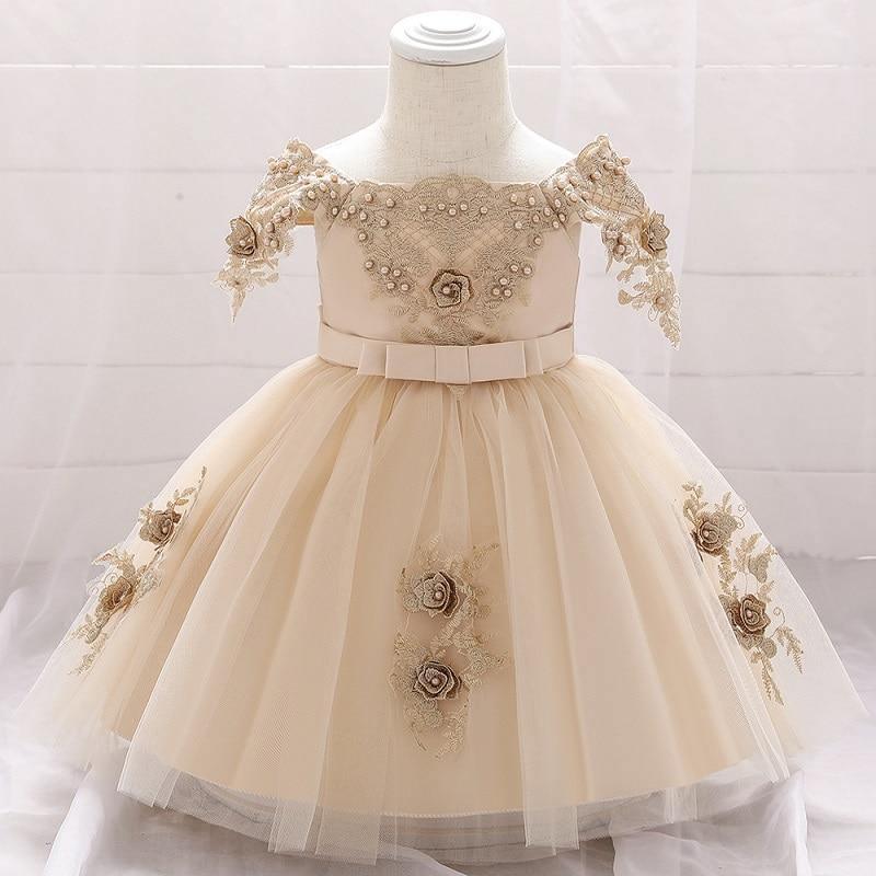 Stevvex baby girl lace tutu dress champagne beige with off-shoulder bodice and rose appliqués on Tampa Home & Garden Store