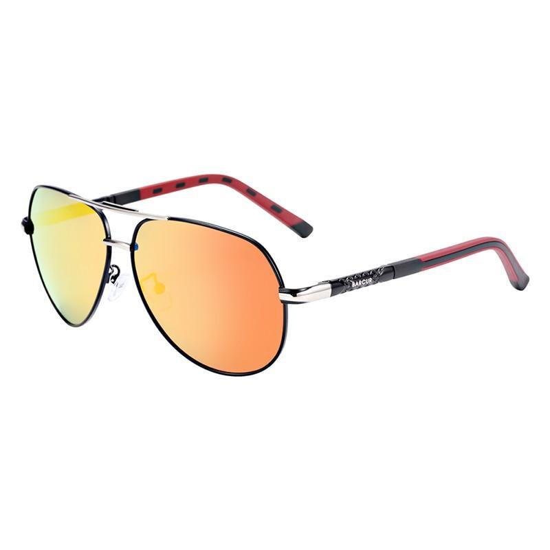 Sunglasses Stevvex aviator with mirrored orange-yellow lenses and metal frame, red temples on Tampa Home & Garden Store