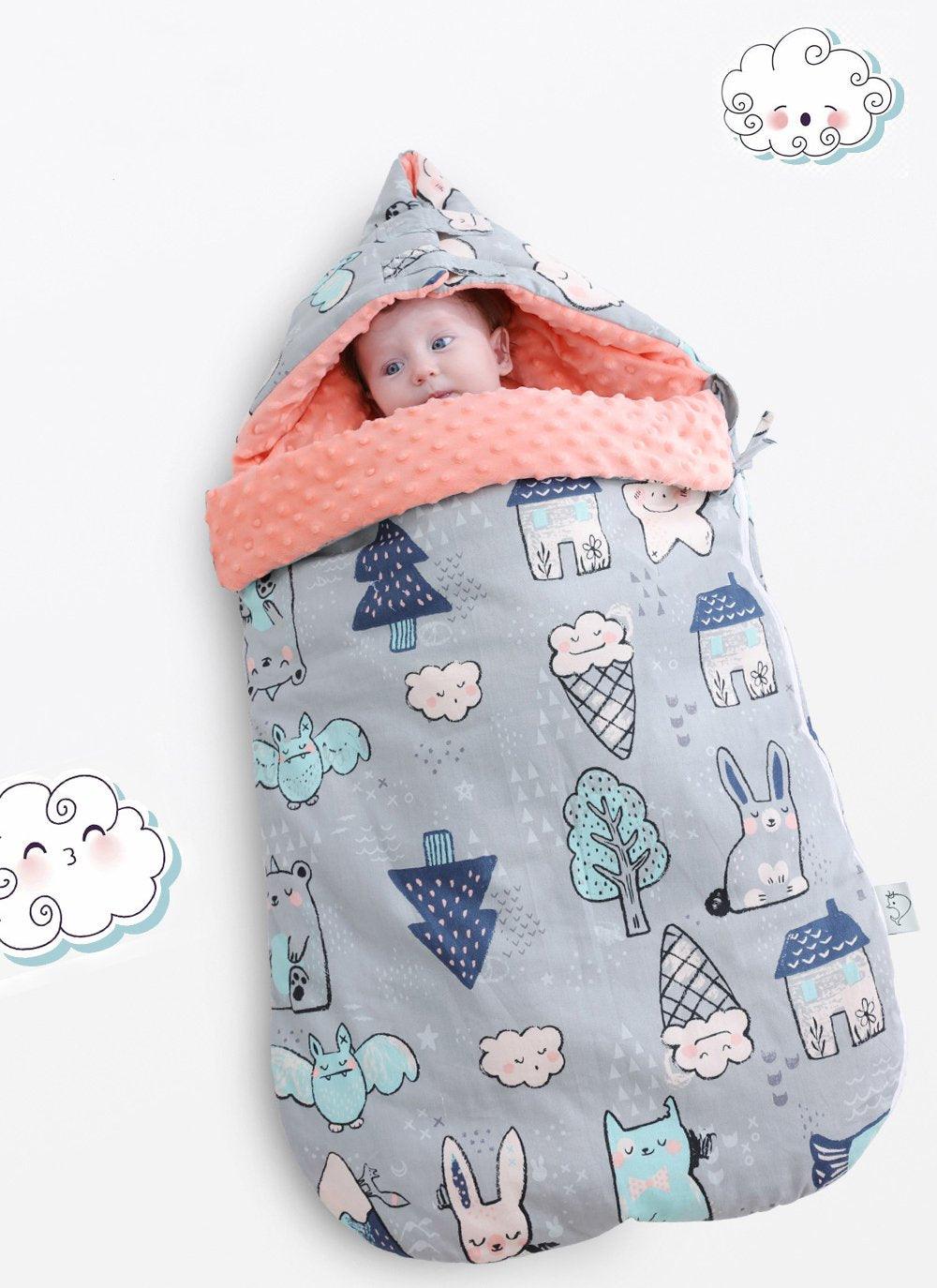 Stevvex newborn envelope cocoon sleeping bag swaddle, grey with animals and houses, peach lining on Tampa Home & Garden Store
