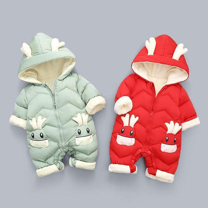 Stevvex baby hooded quilted snowsuit set mint green and red with ears and white cuffs two on Tampa Home & Garden Store
