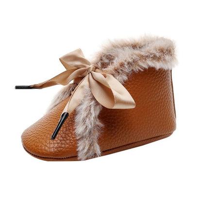 Stevvex baby PU winter booties brown textured faux fur trim satin bowknot lace-up soft sole on Tampa Home & Garden Store