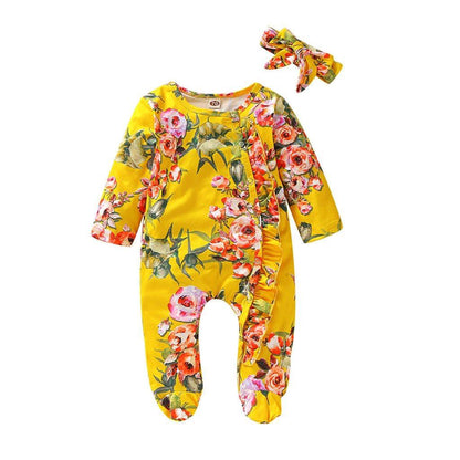 Romper Stevvex floral yellow baby girl with long sleeves and footed design, matching headband on Tampa Home & Garden Store