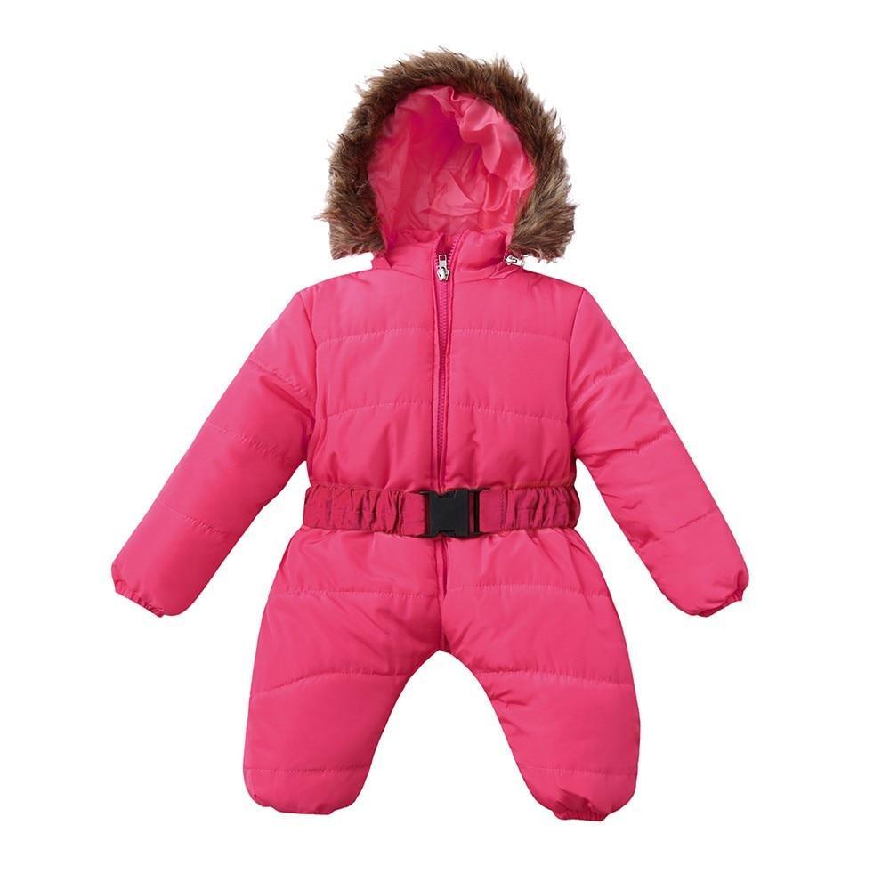 Stevvex pink infant hooded snowsuit with fur trim, belted waist, padded jumpsuit on Tampa Home & Garden Store