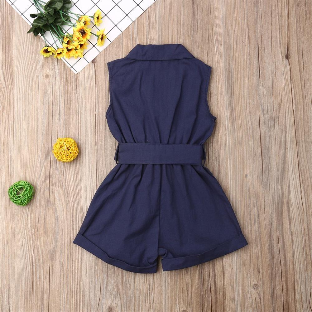 Stevvex navy blue girls romper jumpsuit with waist belt and collar, back view on Tampa Home & Garden Store