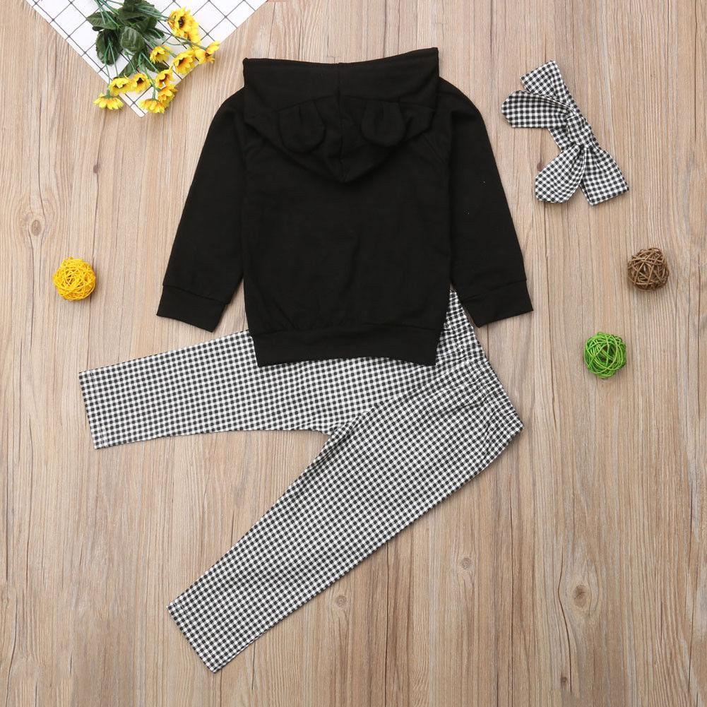 3-piece toddler set: black hooded pullover top, black-white gingham pants, matching headband on Tampa Home & Garden Store