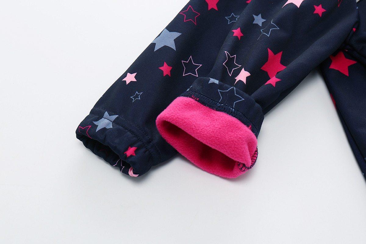 Stevvex kids' ski suit navy waterproof soft shell with pink fleece lining cuffs and star print on Tampa Home & Garden Store