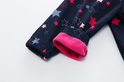 Stevvex kids' ski suit navy waterproof soft shell with pink fleece lining cuffs and star print on Tampa Home & Garden Store