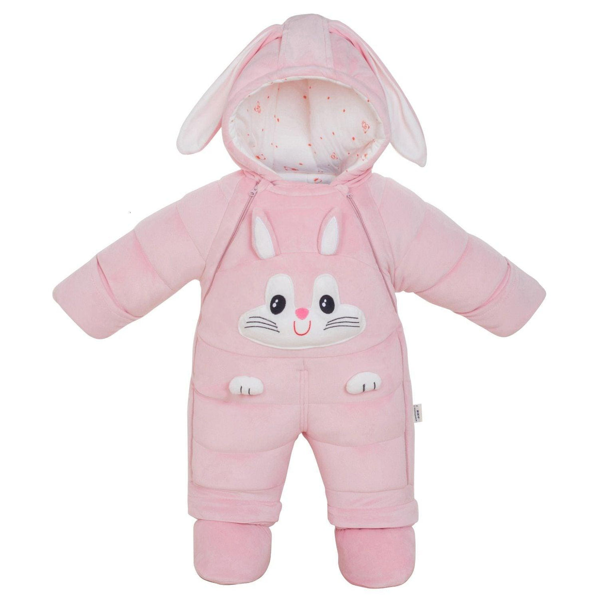 Stevvex pink baby snowsuit with bunny face, hood with ears, padded puffer jumpsuit on Tampa Home & Garden Store