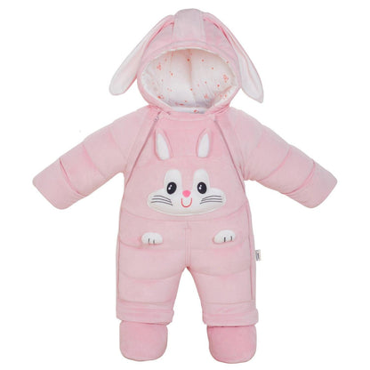 Stevvex pink baby snowsuit with bunny face, hood with ears, padded puffer jumpsuit on Tampa Home & Garden Store