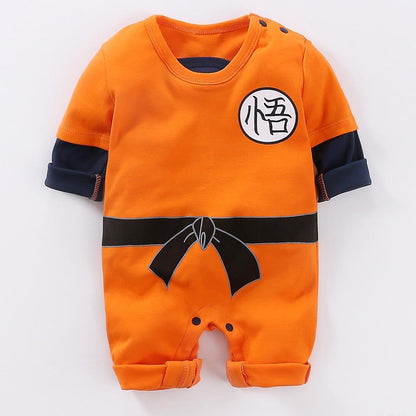 Dragon-themed orange baby romper with navy cuffs and kanji patch belt graphic on Tampa Home & Garden Store