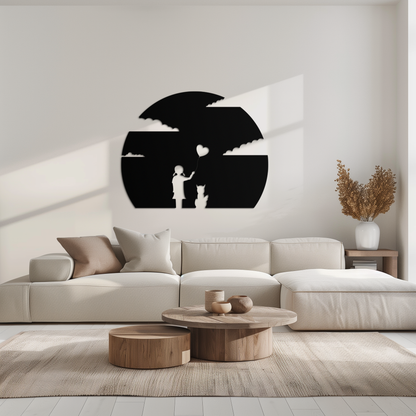Heart Balloon Girl & Cat Metal Wall Art - Whimsical Steel Decor - KAF140 - Tampa Home & Garden Store
