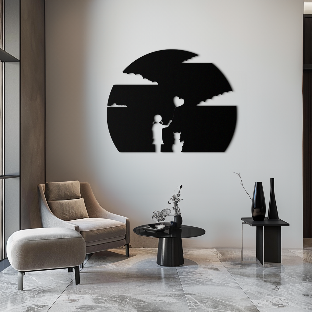 Heart Balloon Girl & Cat Metal Wall Art - Whimsical Steel Decor - KAF140 - Tampa Home & Garden Store
