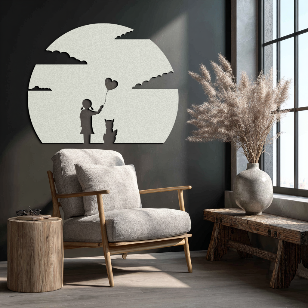 Heart Balloon Girl & Cat Metal Wall Art - Whimsical Steel Decor - KAF140 - Tampa Home & Garden Store