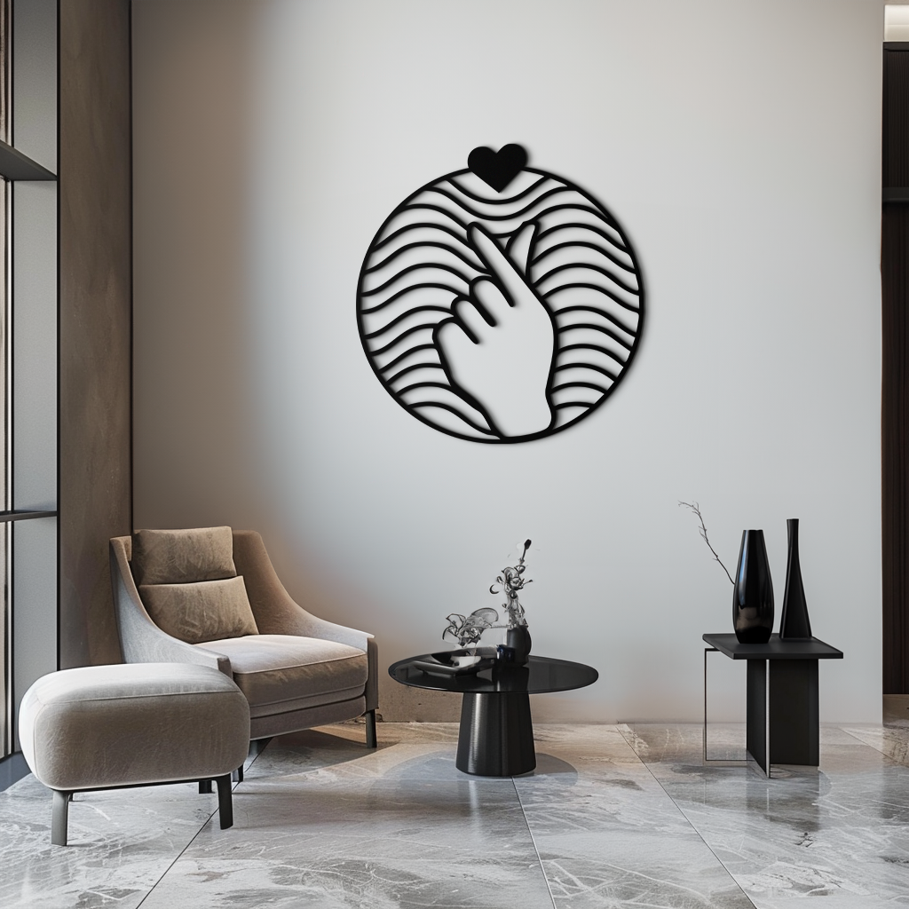 Heart Finger Love Sign Metal Wall Art - Round Minimalist Steel Decor - KAF056 - Tampa Home & Garden Store