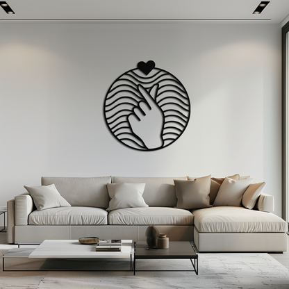 Heart Finger Love Sign Metal Wall Art - Round Minimalist Steel Decor - KAF056 - Tampa Home & Garden Store